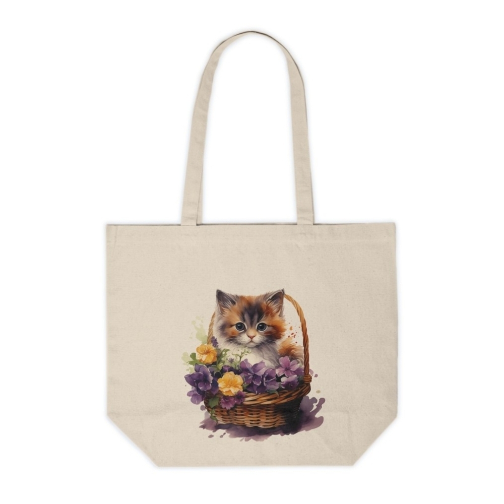 Floral Cat in a Basket Custom Canvas Tote Bag